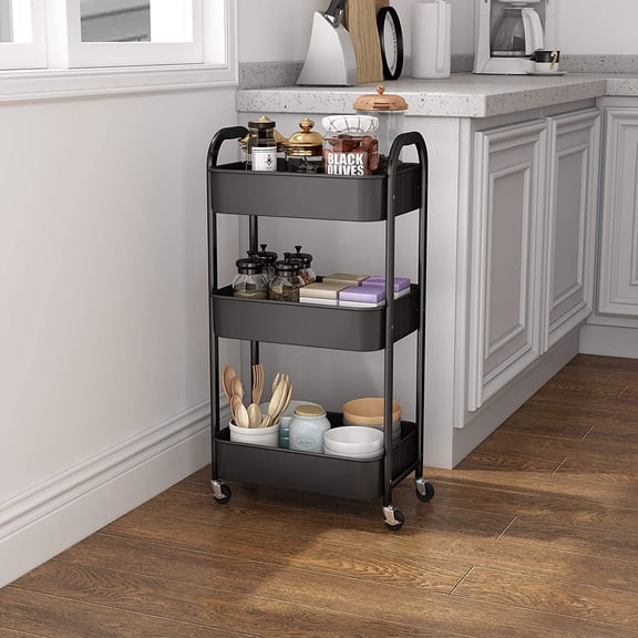 3 Tier Rolling Cart Black Metal Utility Cart Rolling Storage Organizer on Wheels Small Space Saving Cart for Kitchen Nursery Bathroom Living Room Easy Assembly