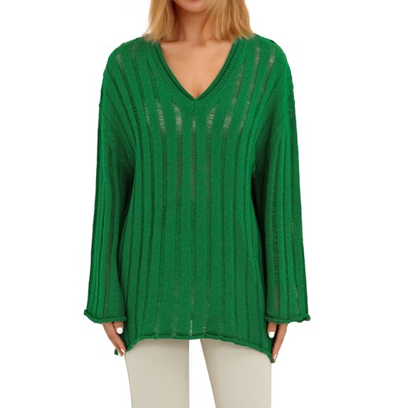 Liacowi Women Juniors Knitted Sweater Long Sleeve V-Neck Pullover Retro Jumpers Tops Fall Loose Knitwear for Teen