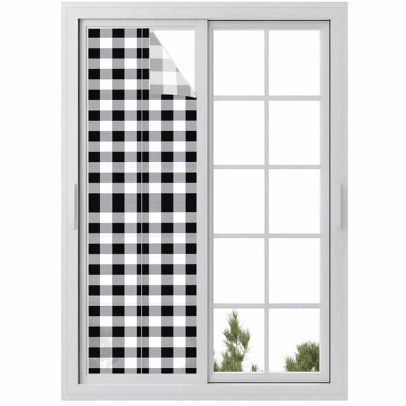 Vintage Farmhouse Window Privacy Film, Black and White Checkered Static Cling UV Sun Blocking Heat Control Window Tint Day and Night, Non-Adhesive Reusable One Way Windows Privacy Cover 17.7''x78.7''