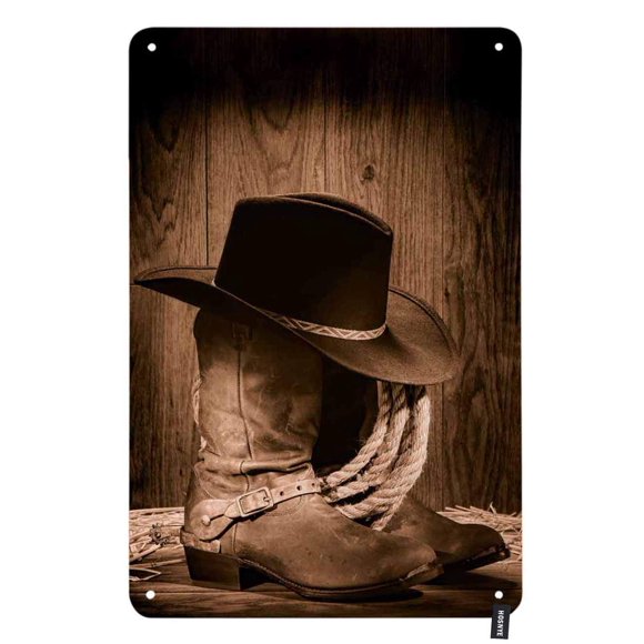HOSNYE Rodeo Cowboy Tin Sign Black Felt Hat ATOP Old Ranching Rope in an Antique Wood Barn in Nostalgic Sepia American West Vintage Metal Tin Signs Wall Art Decor for Home Bars Clubs Cafes 8x12 Inch