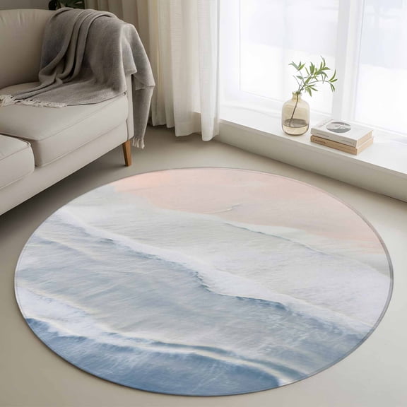 3.3ft Round Rug, Navy Blue Coastal Wave Non-Skid Rubber Backing Large Area Rugs - Living Room Bedroom Home Office, Summer Modern Ocean Beach Indoor Floor Mat Carpets Washable Rug