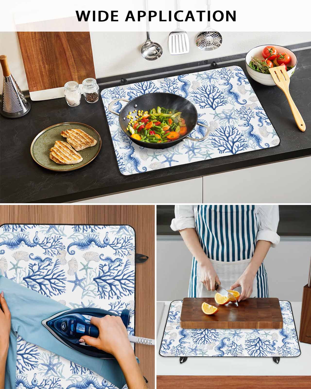 nqOlkjepod Large Induction Cooktop Protector Mat 24"x21", Blue Coral Stove Top Covers for Electric Stove, Coastal Ocean Seahorse Starfish Sea Stove Burner Cover Mats, Glass Top Stove Cover
