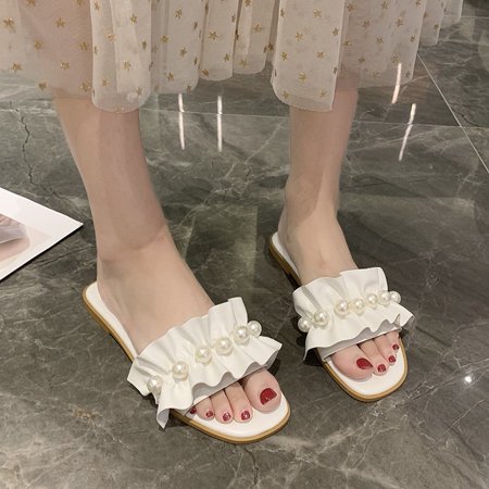 

ZXHACSJ Casual Style Pearl Lace Sandals For Women Summer Outside Beach Slippers Shoes White 40