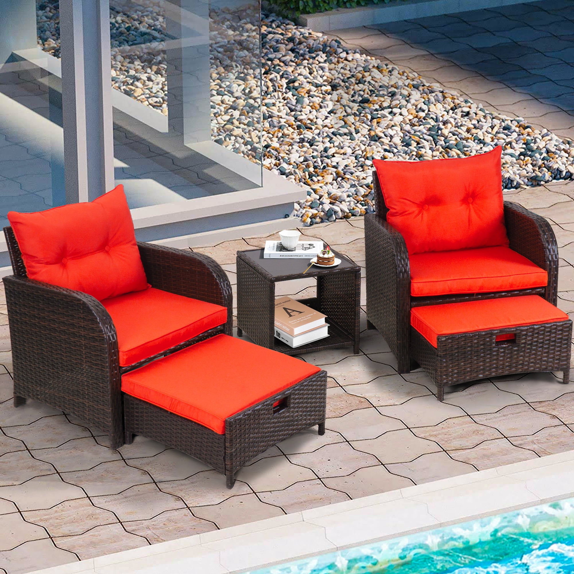 5 Piece Rattan Outdoor Patio Furniture Set, 5 Pieces Wicker Outdoor Patio Chairs Set with Ottoman, Orange