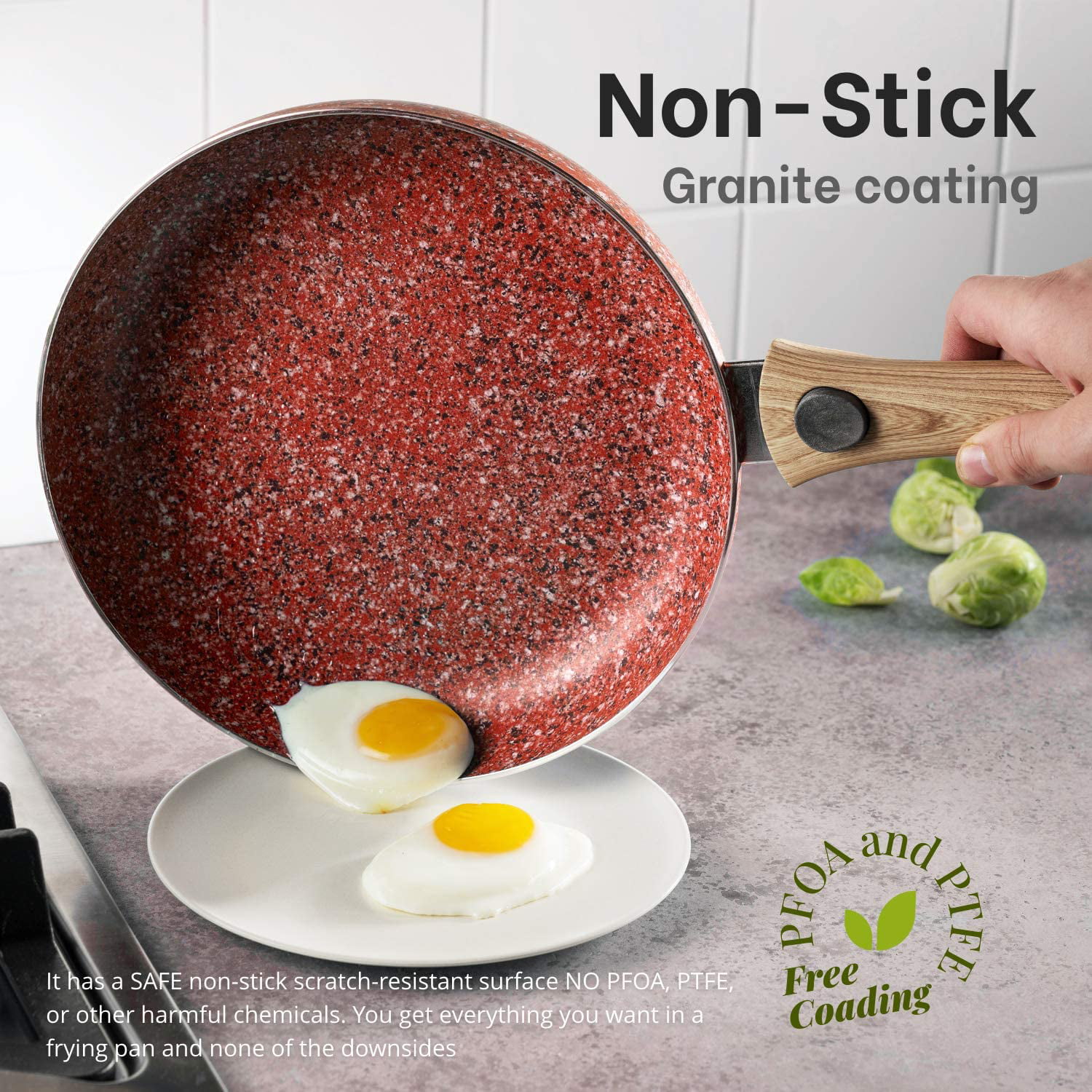 HLAFRG 12 Inch Nonstick Frying Pan with Lid, Red Granite Skillet with Non  Toxic APEO & PFOA Free,Even Heating and Less Oil,Oven Pan with