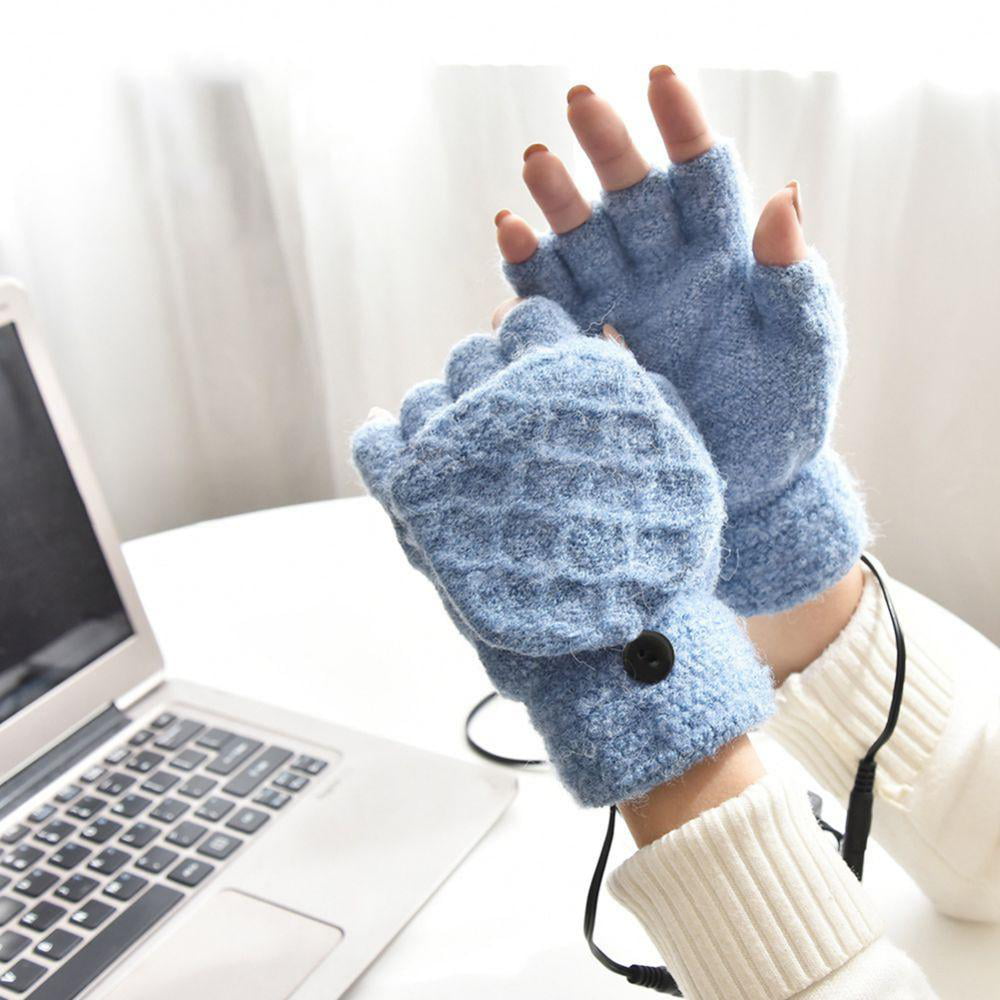 Women Grey Mitten Winter Warm Laptop Gloves for Women Men Full & Half Hands Heated Fingerless Heating Knitting Hands Warmer USB Heated Gloves 