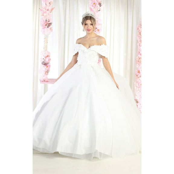 Layla K LK165 Juniors Womens Off Shoulder Floral Ivory Ball Gown