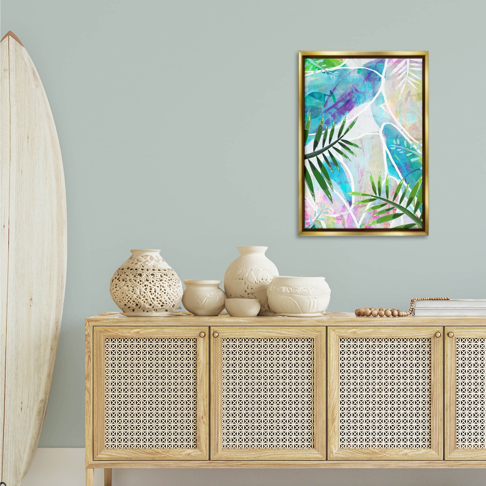 Stupell Industries Layered Tropical Leaves Coastal Painting Gold Floater Framed Canvas Art Print Wall Art, 21 x 31