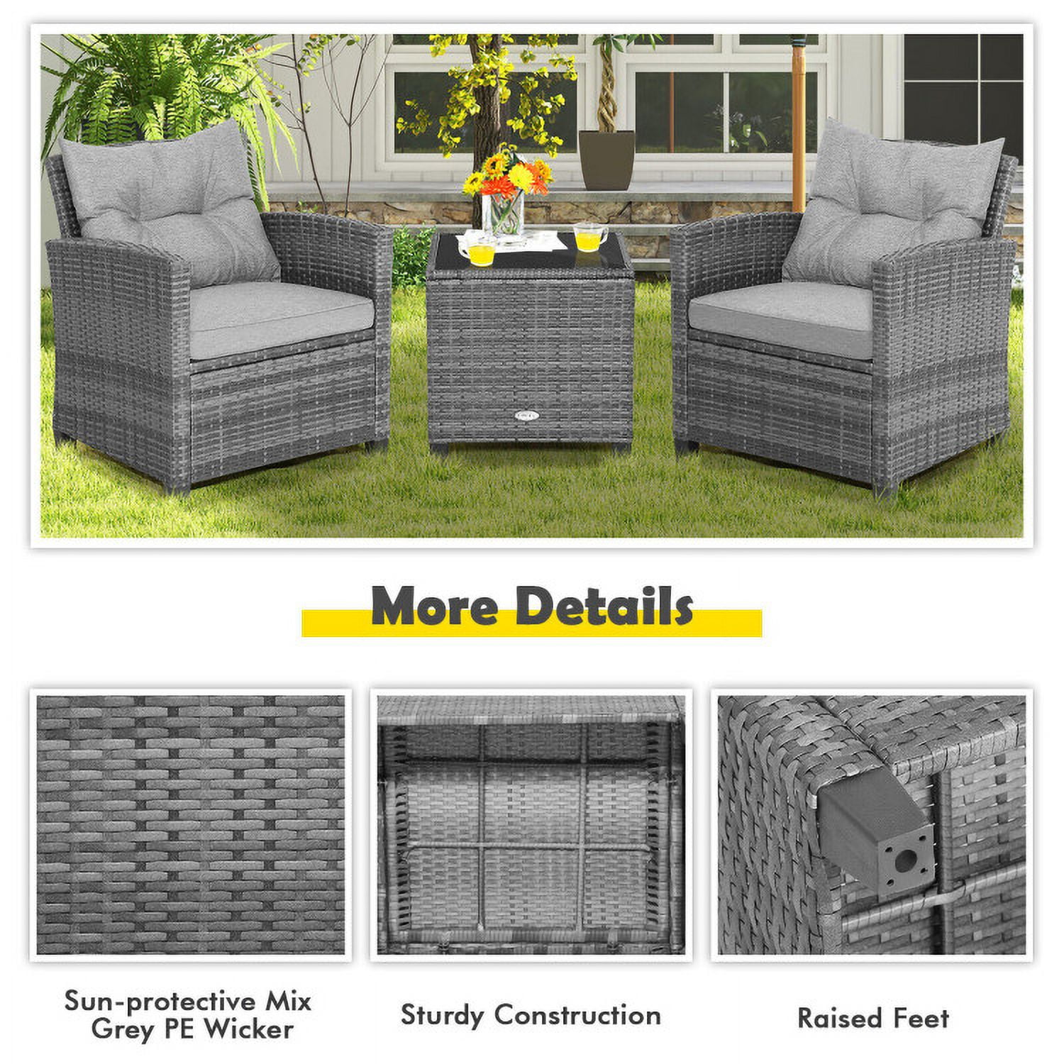 Aimee Lii 3 Pieces Outdoor Wicker Conversation Set with Tempered Glass Tabletop, Outdoor Patio Furniture, Gray