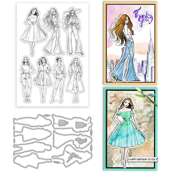 Fashion Ladies Clear Stamps Dress Frame Cutting Dies Set Silicone Transparent Stamp Metal Die Cuts for Card Making and DIY Embossing Scrapbooking Craft Decor