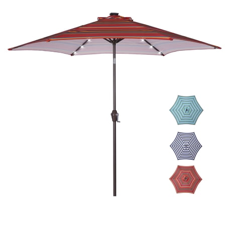 Patio Umbrella  Outdoor Patio 8.7-Feet Market Table Umbrella with Push Button Tilt and Crank  Red Stripes With 24 LED Lights [Umbrella Base is not Included]