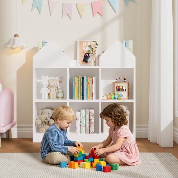 White House-Shaped Kids Bookshelf & Toy Organizer - 4 Book Racks, 6 Open Cubbies, Child-Centered-Inspired Shelf for Playroom, Nursery, Bedroom, Daycare - White