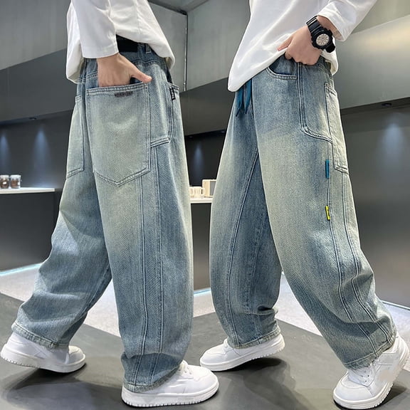 LRen Kids Jeans Boys High Waisted Elastic Waist Cotton Baggy Denim Pants Boy Casual Baggy Fashion Long Trousers Streetwear with Pockets,Light Blue,6-7 Years