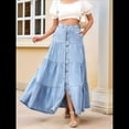 thumbnail image 6 of Women Western Elastic High Waisted A Line Button Ruffle Tiered Long Jean Skirt Patchwork Pocket Y2k Light Blue M, 6 of 10