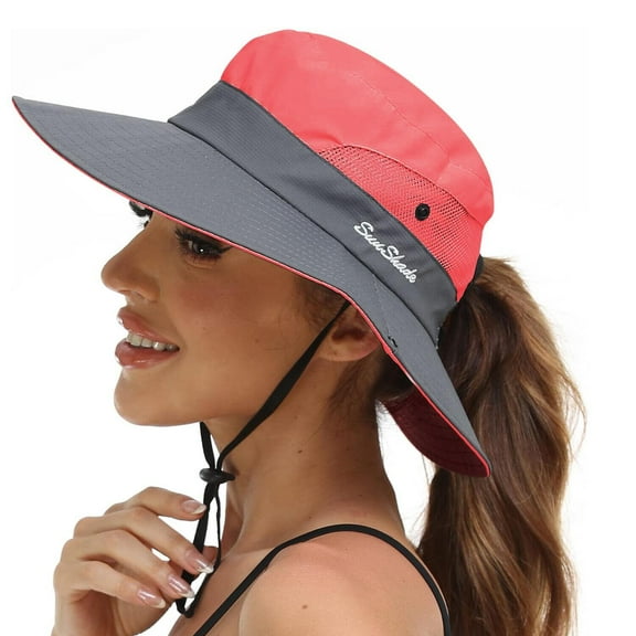 Elegant Choise Womens Summer Sun Hat Beach Hat Wide Brim Outdoor UV Protection Hat Foldable Cool Mesh Ponytail Bucket Hat