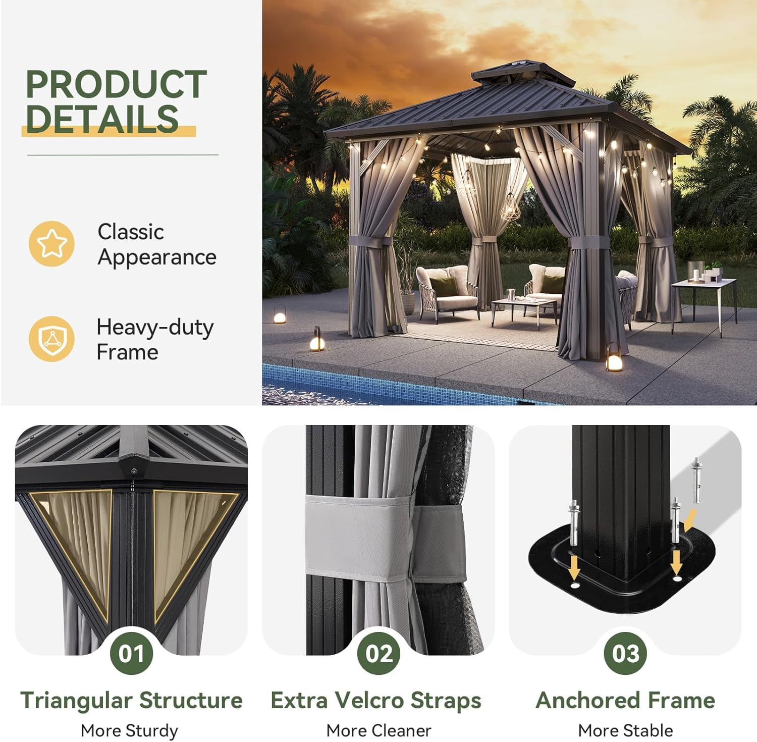 Aoxun 10'x10' Hardtop Gazebo, Aluminum Frame Canopy with Double Galvanized Steel Roof, Outdoor Metal Pavilion with Netting, Curtains for Backyard, Patio and Deck