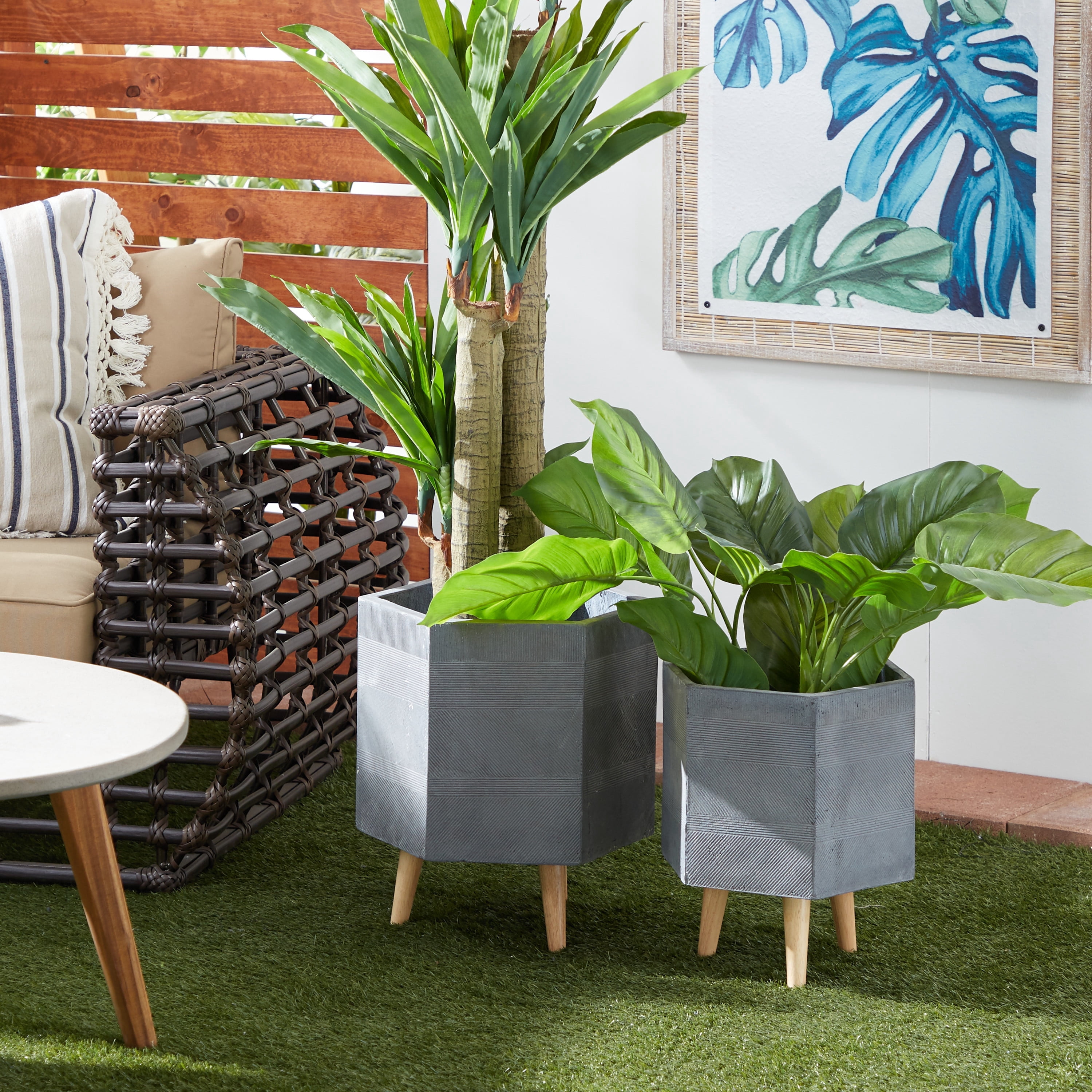 DecMode 15", 17" Grey Ceramic Contemporary Planter, 2 - Pieces