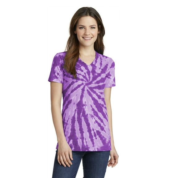 Port & Co LPC147V Ladies Tie Dye V Neck Tee, Purple - Medium