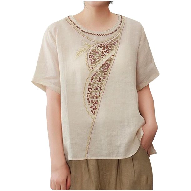 Camiseta de Manga Corta de Cuello Redondo Bordado de las Mujeres Sueltas de Verano, Top de Poliéster de Moda para Diario