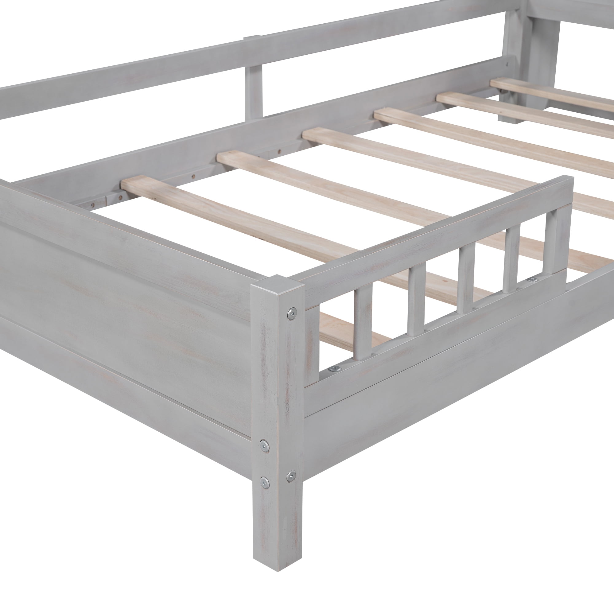 Euroco Wood Twin Size Platform Bed with Storage Headboard and LED Light, Antique Gray
