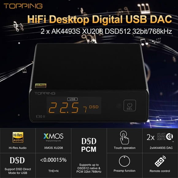 Topping E30 II DAC Preamp Audio Decoder- 2xAK4493S Hi-Res XMOS XU208 DAC 32Bit/768kHz DSD512 DSD Direct Mode for USB/Coax/Opt Inputs RCA HiFi Stereo Digital Audio Decoder