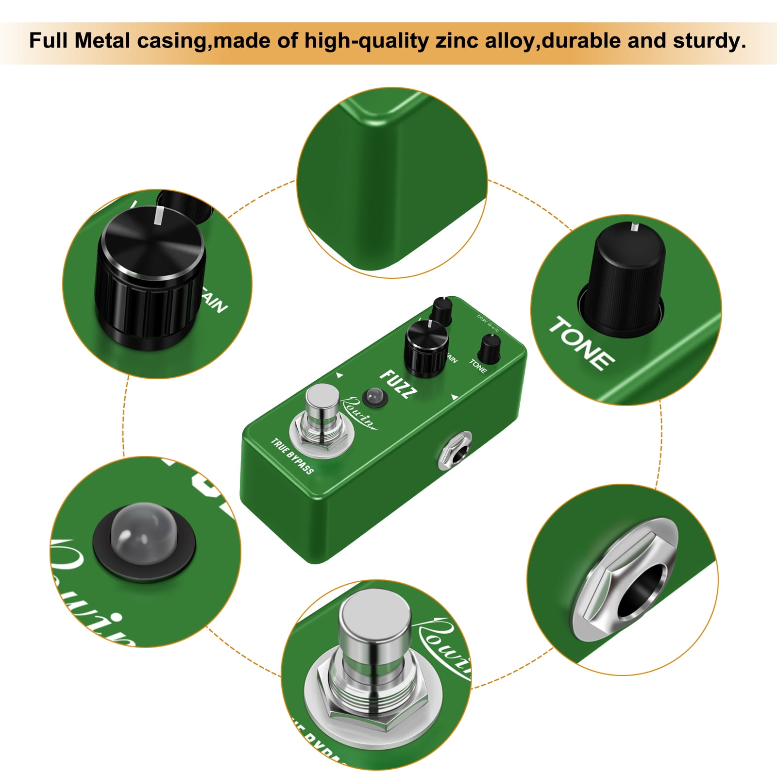 Rowin Fuzz Pedal Classic Distortion Fuzz Guitar Effect Pedal for Electric Guitar Bass True Bypass LEF-306