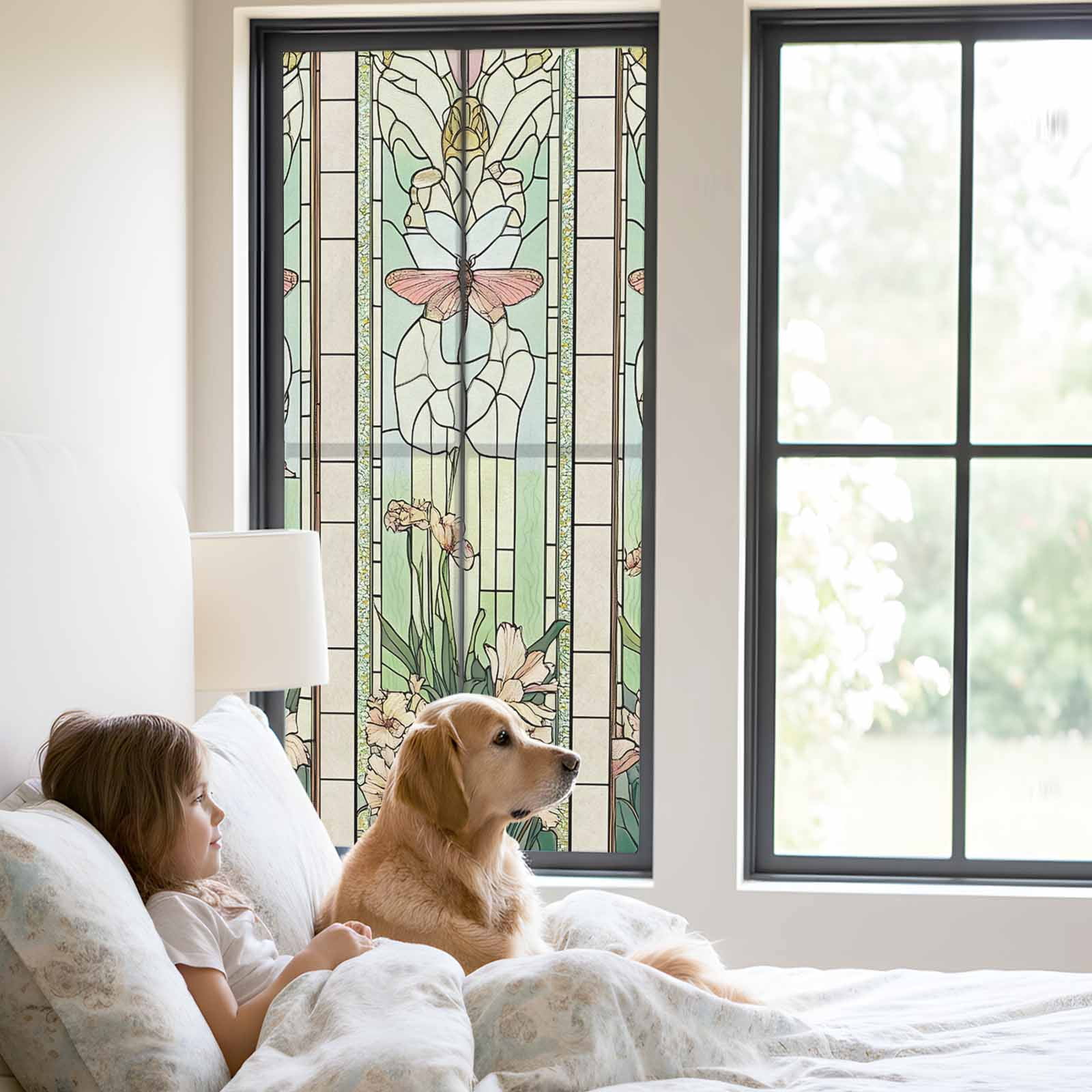 Butterfly Flowers Window Privacy Film, Vintage Stained Glass Green Spring Static Cling UV Sun Blocking Heat Control Window Tint Day and Night, Non-Adhesive One Way Windows Privacy Cover 23.6''x59''