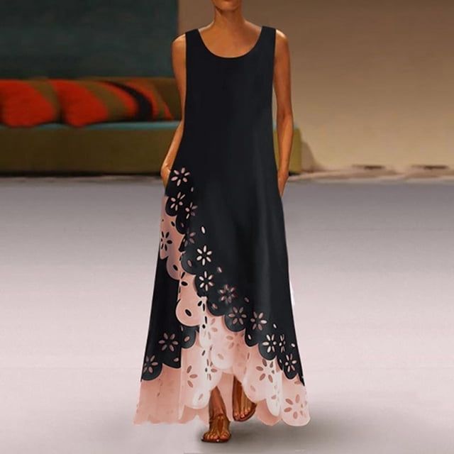 HKEJIAOI Robe Florale en Liquidation pour Femmes Robe d'Anniversaire Mode Féminine Sans Manches Imprimé Col Rond Longue Robe Maxi Chemise de Plage Robe Rose