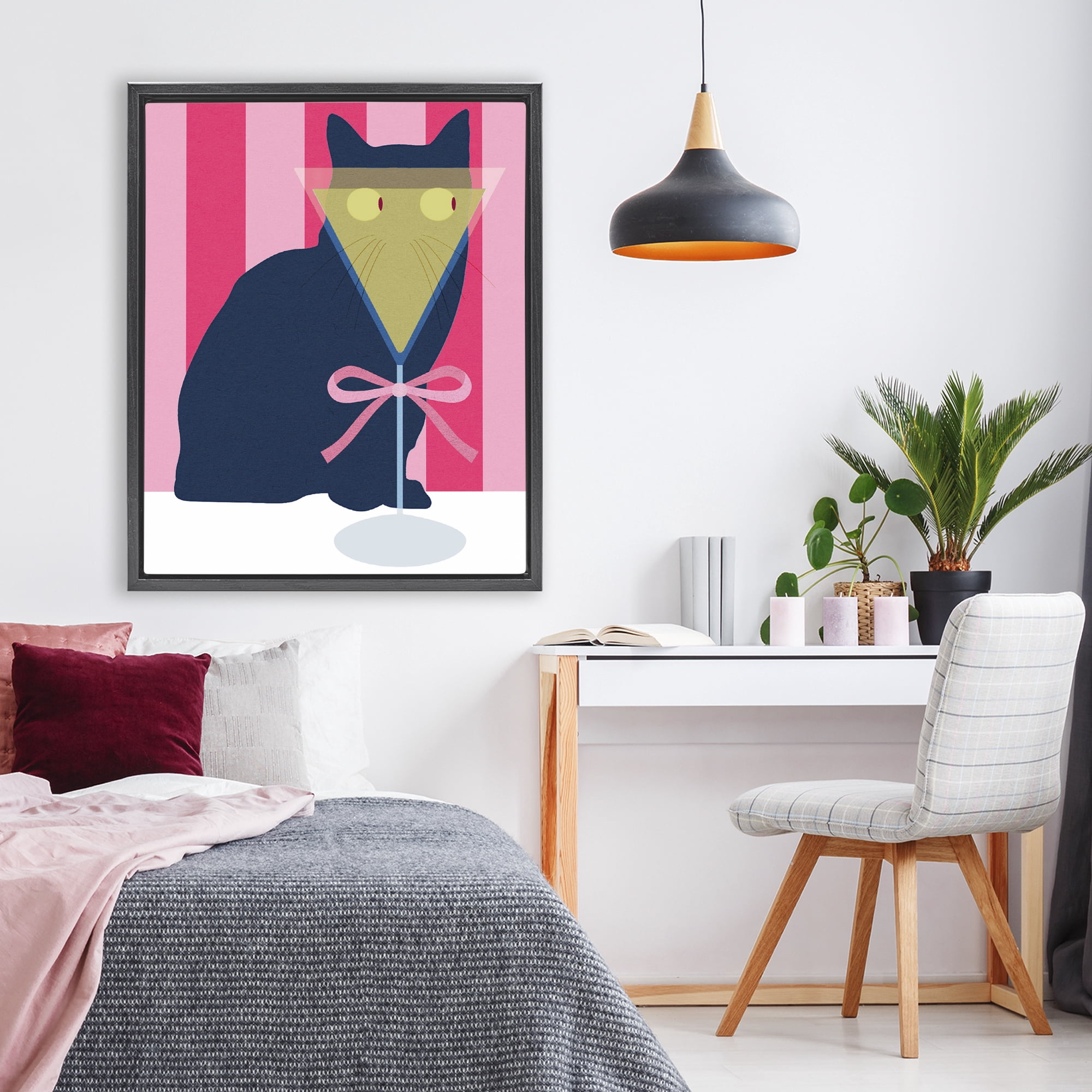 Stupell Industries Playful Striped Cat with Martini Black Framed Floater Canvas Wall Art, design by Lil' Rue