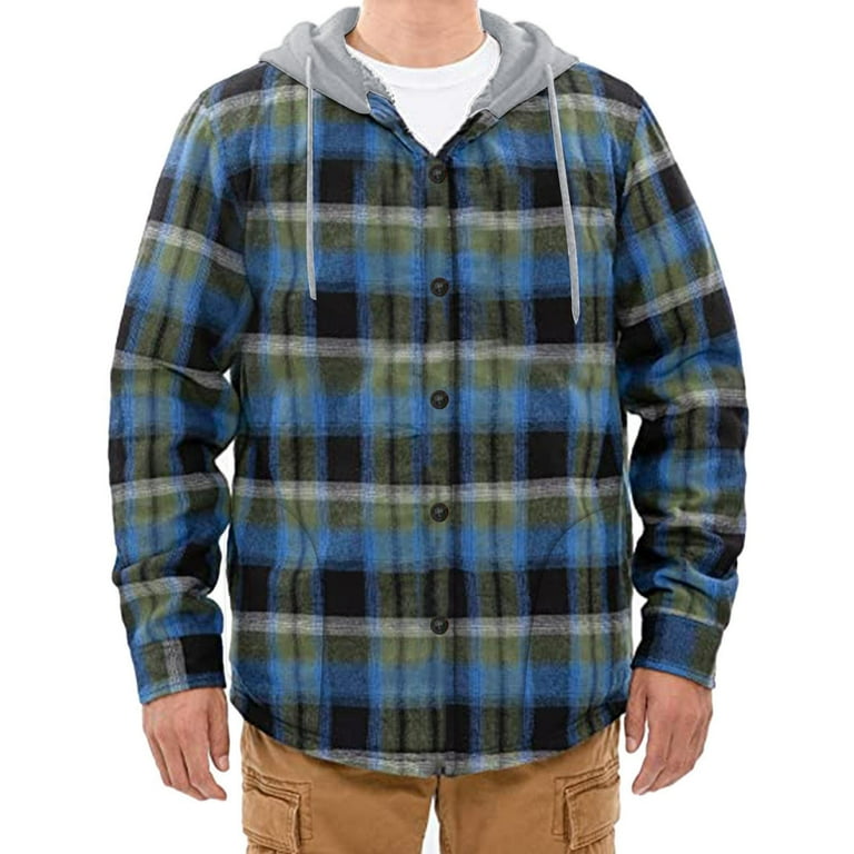 Mens Hooded Flannel Jacket Sherpa Fleece Lined Zip Up Fuzzy Hoodie Shirt Jackets Flannel Plaid Shirt Jacket for Men Walmart