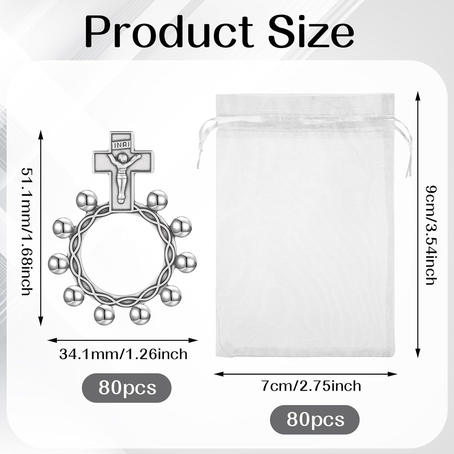 80 Set Finger Rosary Rings Bulk Silver Metal Rosary Rings Pocket Finger Rosaries Small Pocket Cross Prayer Catholic Rin-gs with Organza Bags for Baptism Favors Baby Shower Quinceanera Funeral