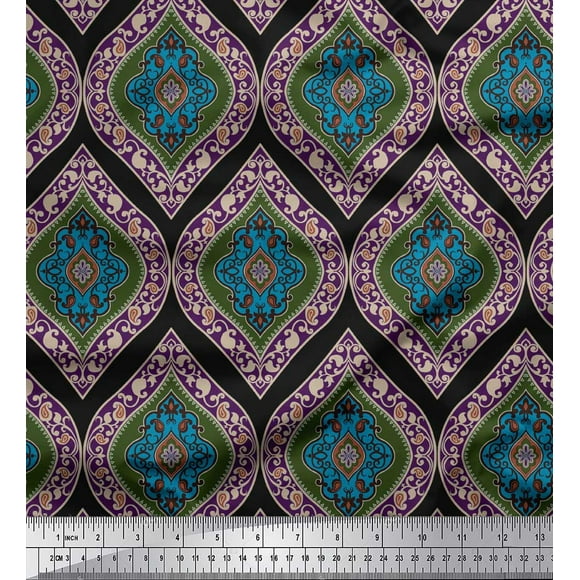 Soimoi Black polyester Crepe Fabric Seamless Damask Print Fabric by the Yard 42 Inch Wide