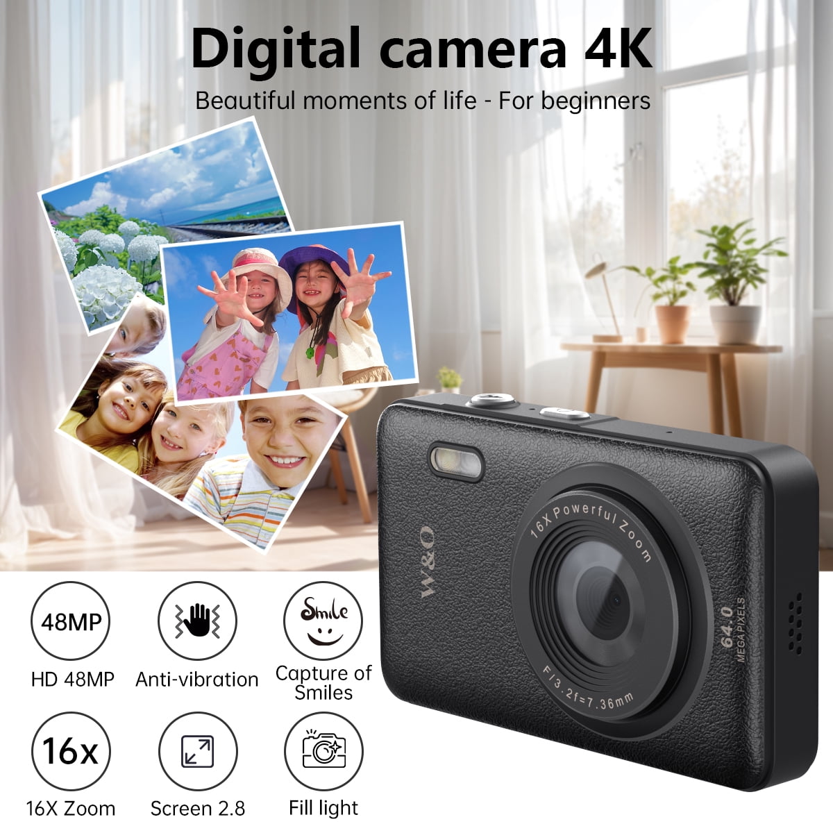 W & O Q3 Portable 16x Digital Zoom 48 MP CCD Point & Shoot Digital Camera with 32GB SD Card, Black