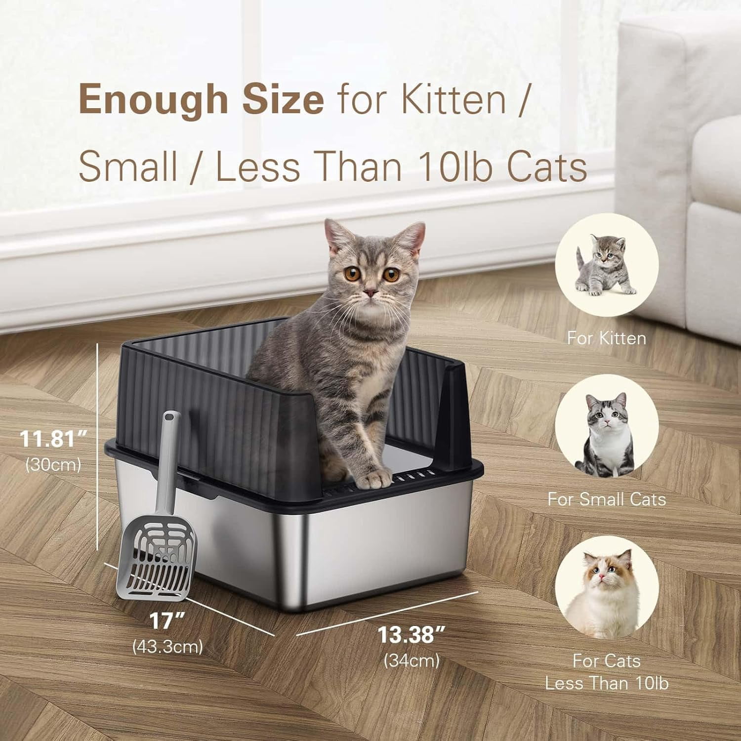 Stainless Steel Litter Box, Small Cat Litter Box with Lid, 17" L x 13.3" W x 11.8" H, Metal Litter Box for Kitty Cats with High Sided Enclosure, Non-Sticky, Easy Cleaning, Anti-Leakage