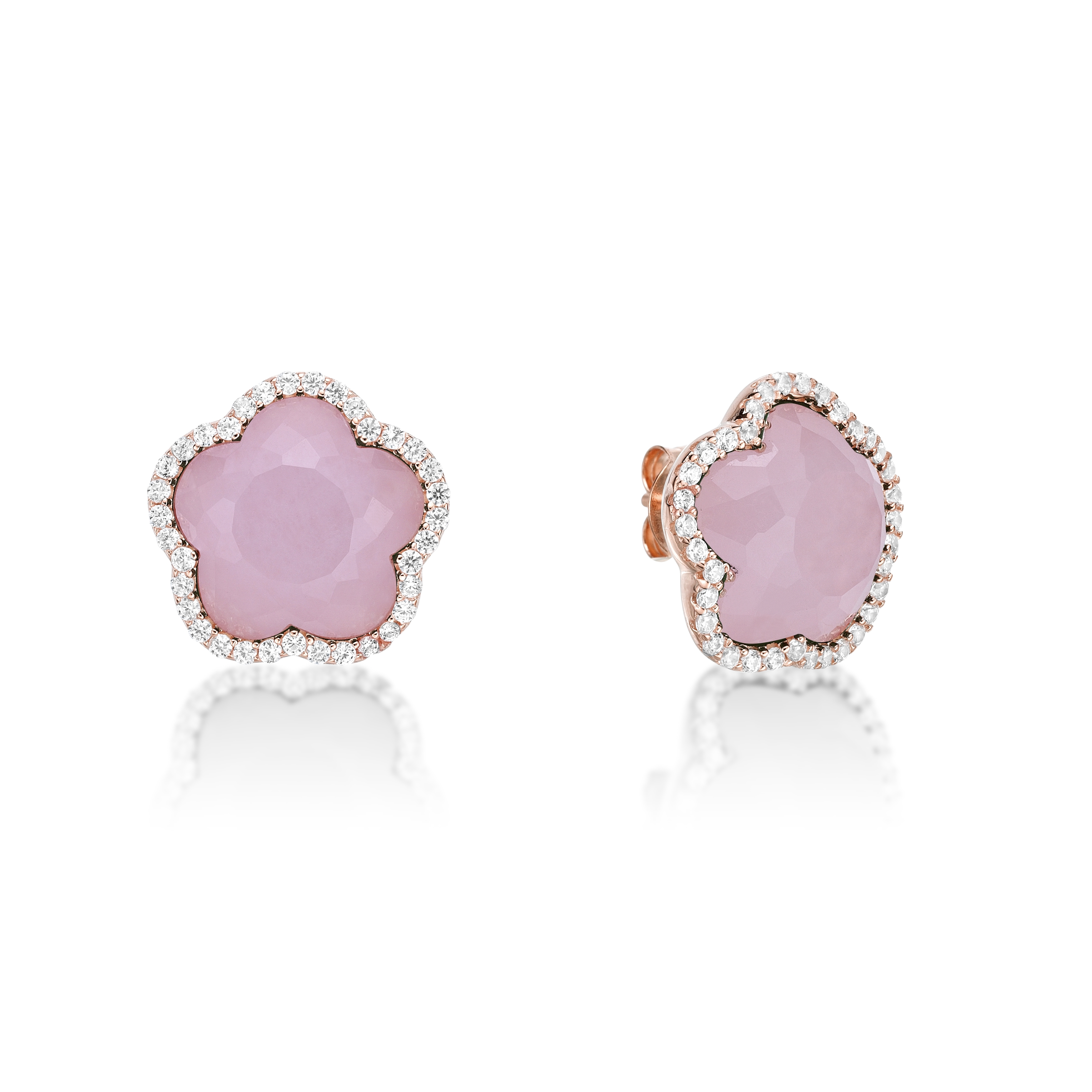 Pink Quartz and Cubic Zirconia Five Petal Flower Stud Earrings in 925 Sterling Silver with Rose Gold Plating with Friction Back by Lavari Jewelers