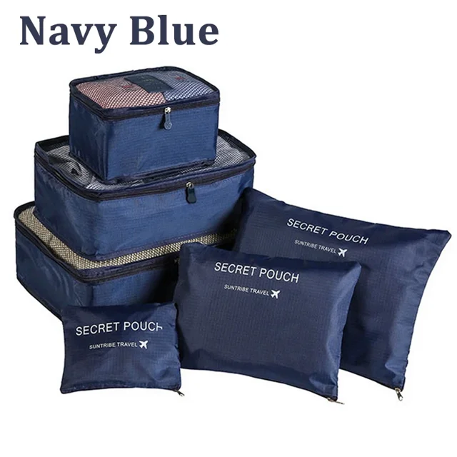 6pcs Set Travel Storage Bags Suitcase Packing Set Storage Cases Portable Luggage Organizer Clothes Shoe Foldable Organizer NavyBlue