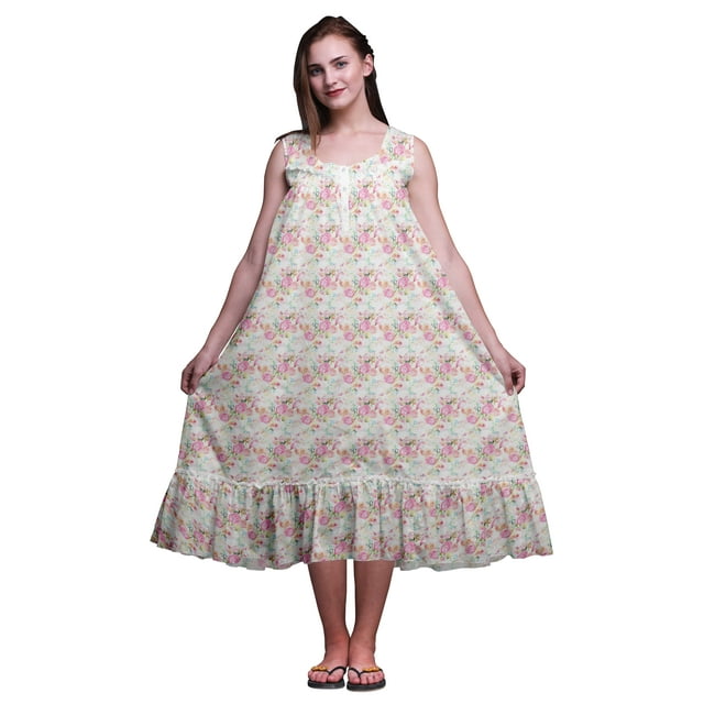 Bimba White13 Chemises de Nuit en Coton à Feuilles Florales et Roses pour Femmes Mi-Mollet Imprimées Robe de Nuit Petite