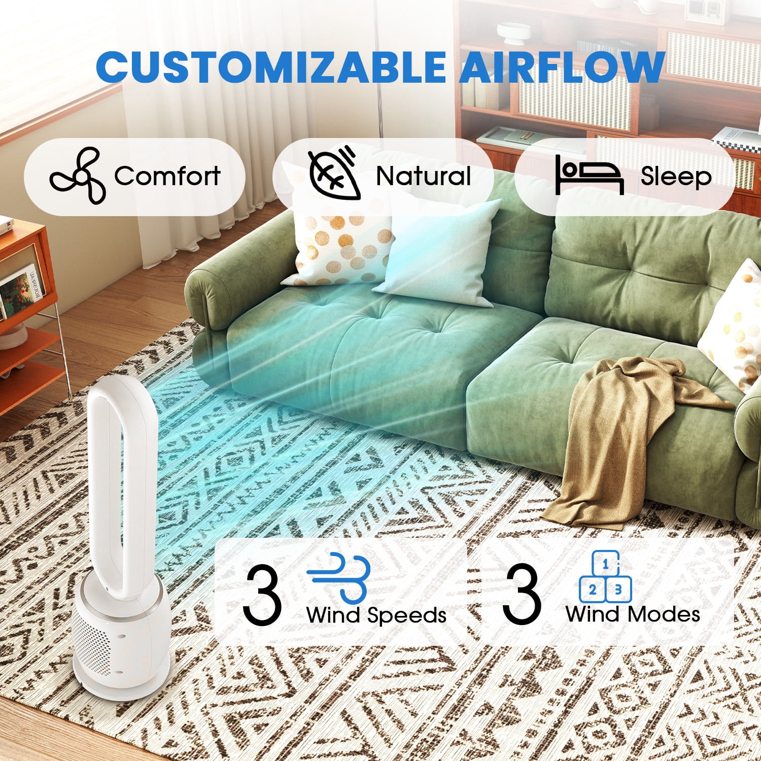 Bladeless Fans for Home, 33" Standing Floor Fan, 29 ft/S Quite Tower Fan with Remote, 90° Oscillating, 3 Modes & 3 Speeds, 12H Timer