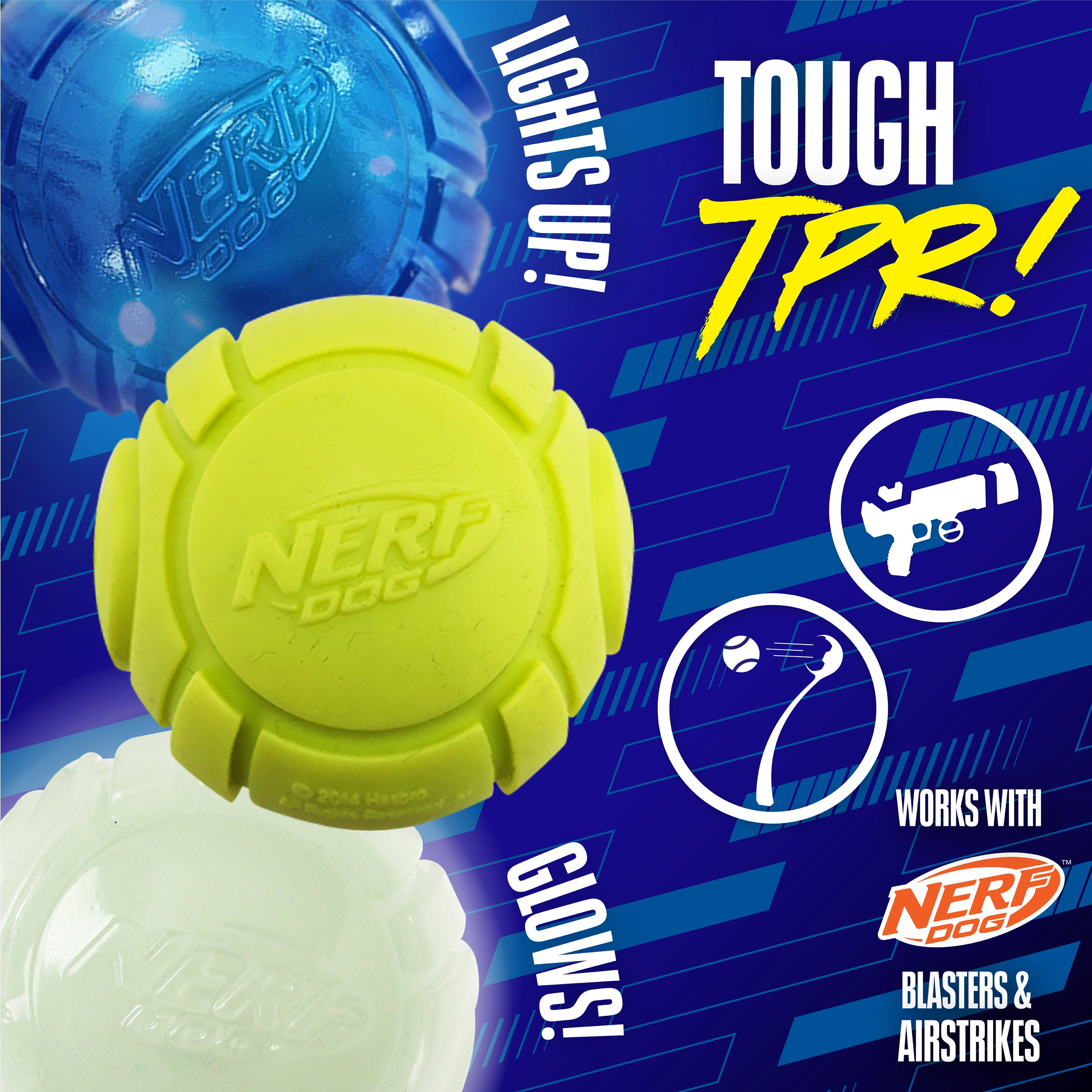 Nerf Dog Launcher Ball 3-Pack with 1 Solid Tuff, 1 Glow Ball & 1 LED Ball, 2.5 inch