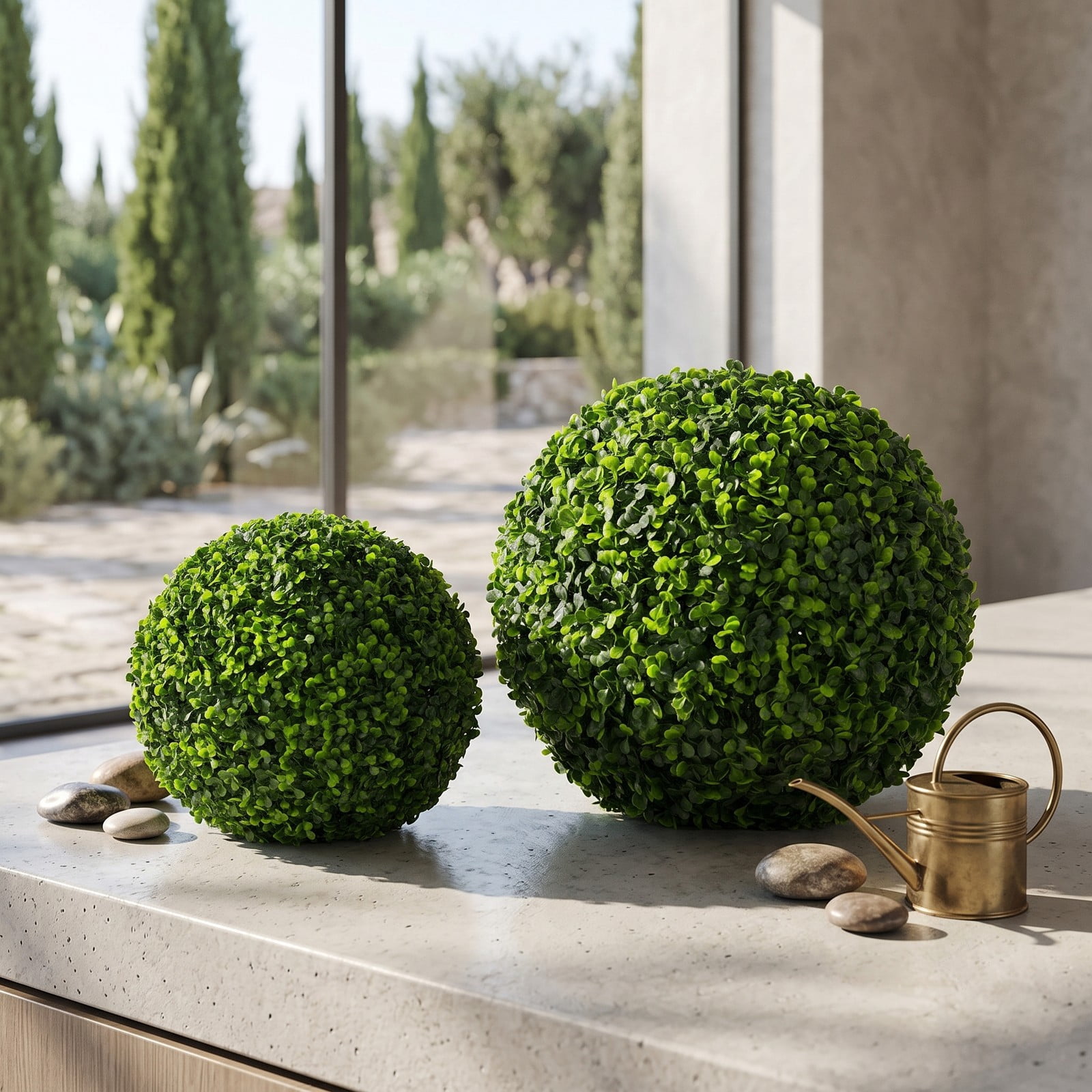 ALPULON 2 Pieces Artificial Boxwood Topiary Ball Tree Set Faux Greenery UV Protected Fade Resistant Plants for Indoor Outdoor Home Office Shop Doorway Decor, Green