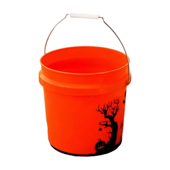 SLYNSHome Halloween Candy Bucket, Orange Plastic Popcorn And Water Bucket With Tree Print, Portable Party Snack Holder With Metal Handle