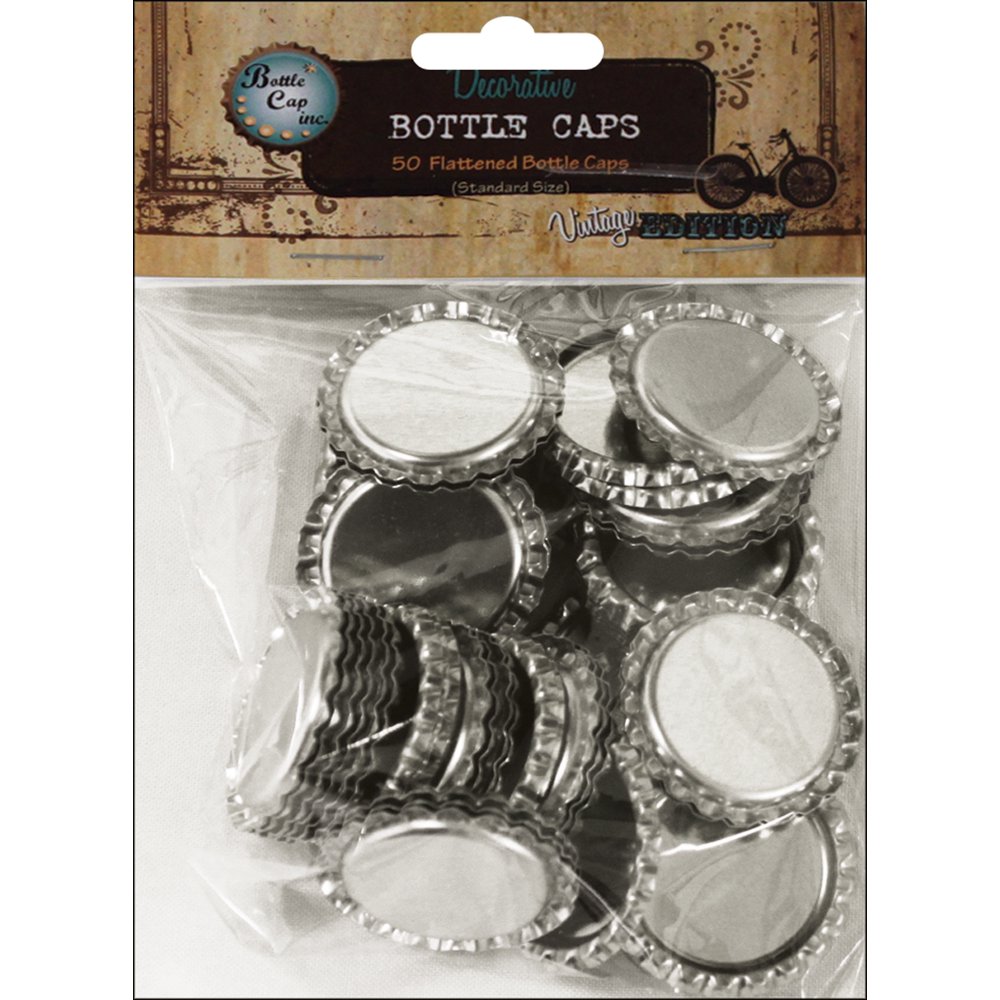 Vintage Flattened Bottle Caps, 50pk, 1", Chrome