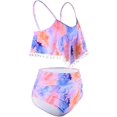 thumbnail image 3 of ZECATL Women High Waisted Bikini Ruffle Swimsuit Flounce Pom Pom Trim Two Piece Bathing Suit Purple&orange (M, 3 of 8