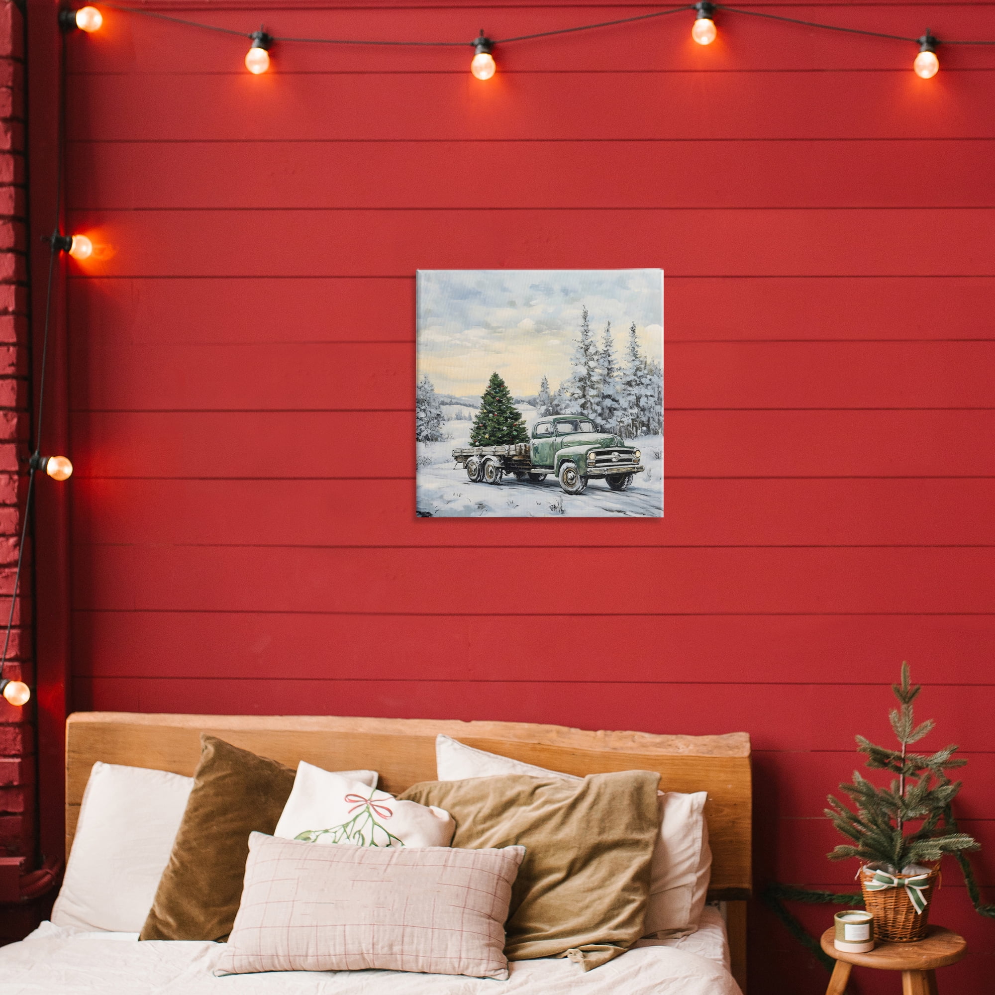 Green Christmas Tree Truck Canvas Wall Art, design by Petal Prints Design