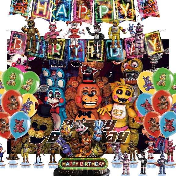 Five Nights Birthday Party Supplies Pack Includes Banner,Cake Topper, Blackdrop,Balloons for Five Nights party decoration