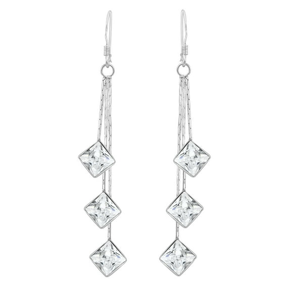 Sophisticated Dangle Chain Square Sparkle Cubic Zirconia .925 Silver Earrings