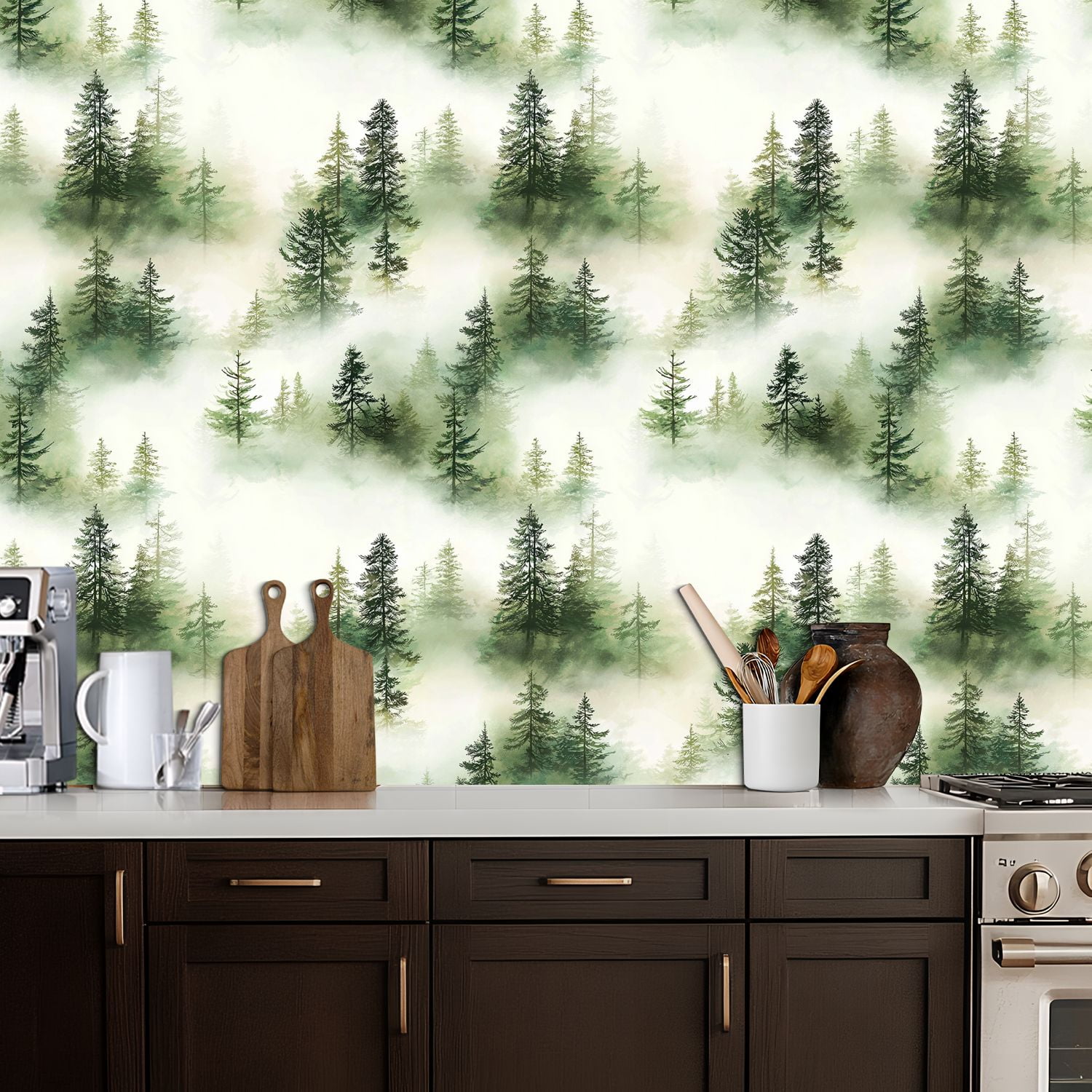 Peel and Stick Wallpaper 17.7in x 9.8ft Pine Forest Fog Watercolor Seamless Green White Hues Contact Paper Vinyl Self-Adhesive Removable Wall Paper for Bedroom DIY Home Decor Renter Friendly