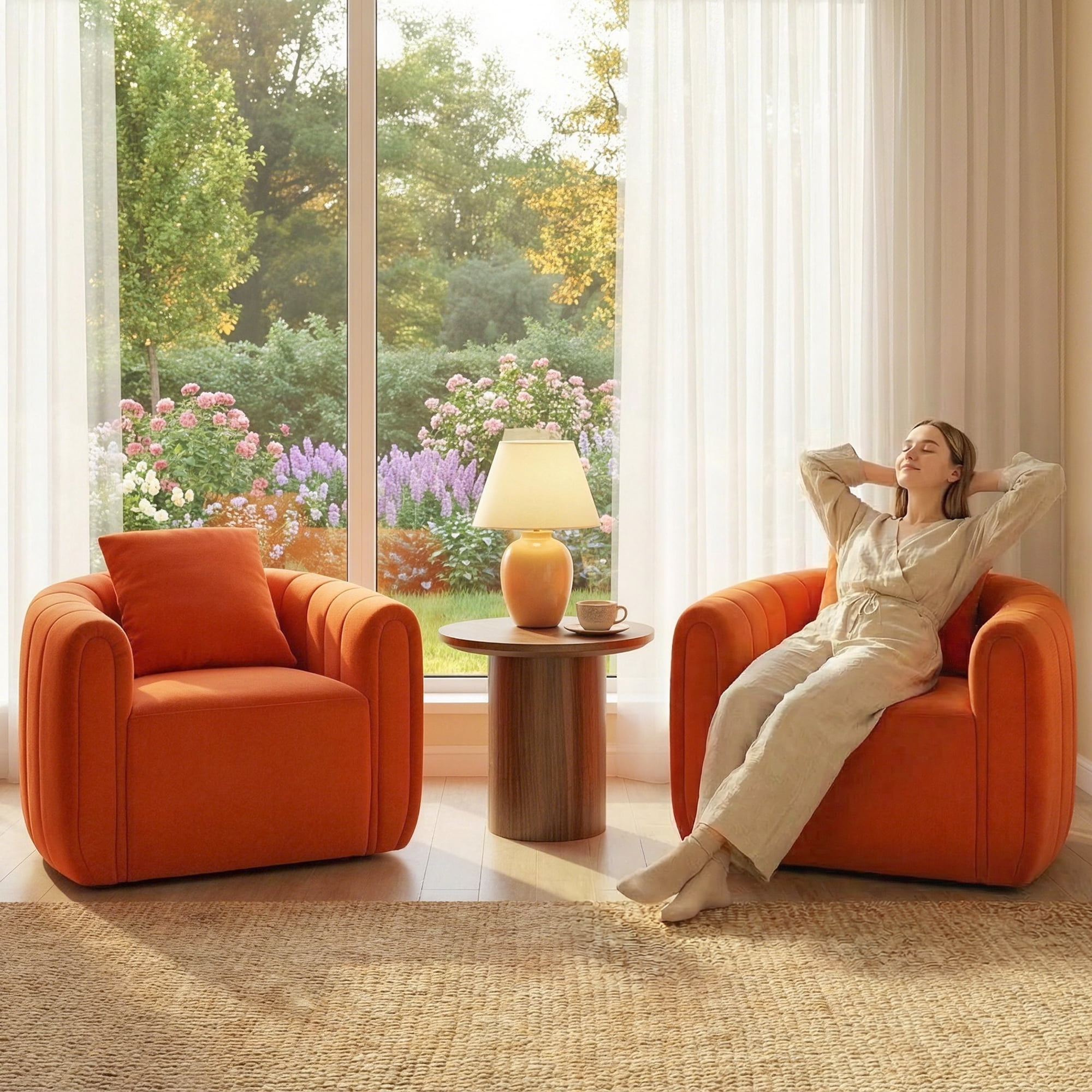 Ebello Swivel Accent Chair, Modern Velvet Living Room Chair with Pillow, Barrel Chair for Bedroom & Reading Corner (Orange,1 Pack，Fully Assembled )