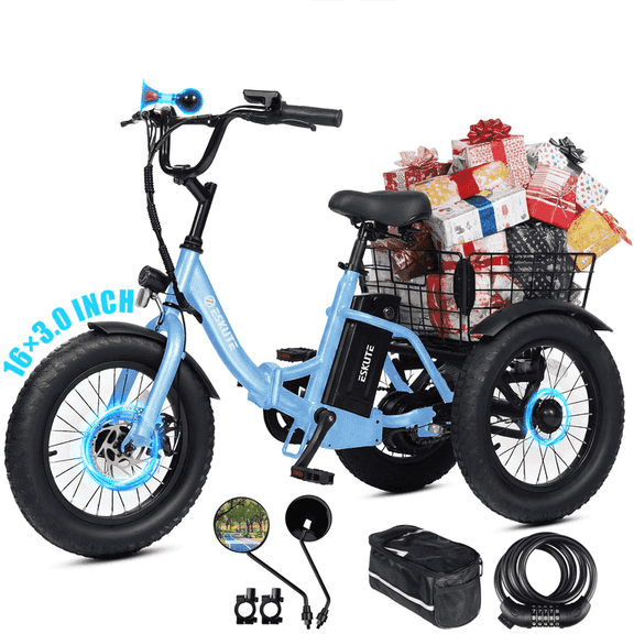 ESKUTE T300mini Electric Tricycle for Beginners, 16" x 3.0 Fat Tire Folding 3-Wheel E-Bike, 500W Peak Motor, 302Wh Battery, Step-Thru, 12.5 MPH, Blue with Lock, Phonebag and mirror, UL2849