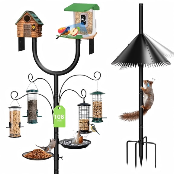 Bird Feeder Pole Squirrel Proof,Adjustable 47"-108" Heavy Duty Bird House Pole,Upgraded U-Shape Platform,4 Shepherd Hooks for Feeder Stand,Includes Birdbath,Tray for Outdoor Garden & Yard